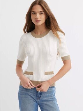 Loft Cream Tipped Ribbed Pocket Sweater Tee Size Medium